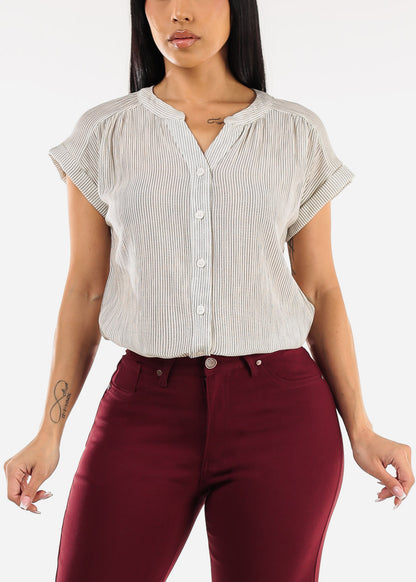 Short Sleeve Vneck High Low Stripe Blouse Ivory