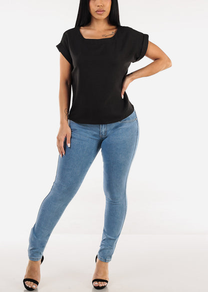 Cuffed Short Sleeve Poly Linen Blouse Black