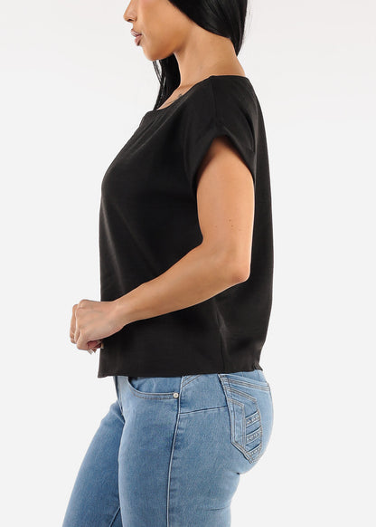 Cuffed Short Sleeve Poly Linen Blouse Black