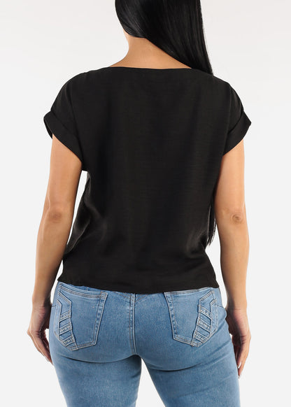 Cuffed Short Sleeve Poly Linen Blouse Black