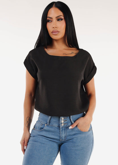 Cuffed Short Sleeve Poly Linen Blouse Black
