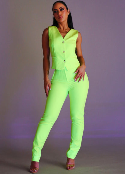 Sleeveless Vneck Button Up Dressy Vest Neon Lime