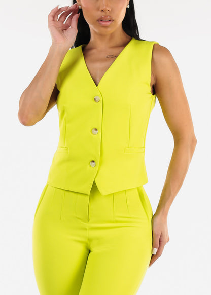 Sleeveless Vneck Button Up Dressy Vest Neon Lime