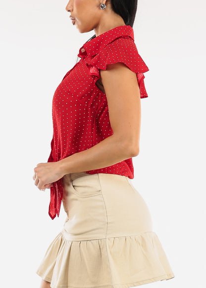 Short Sleeve Front Tie Polka Dot Blouse Red