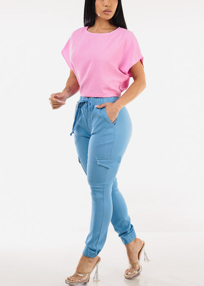 Short Dolman Sleeve Round Neckline Blouse Pink