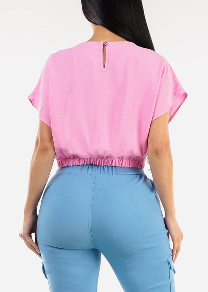 Short Dolman Sleeve Round Neckline Blouse Pink