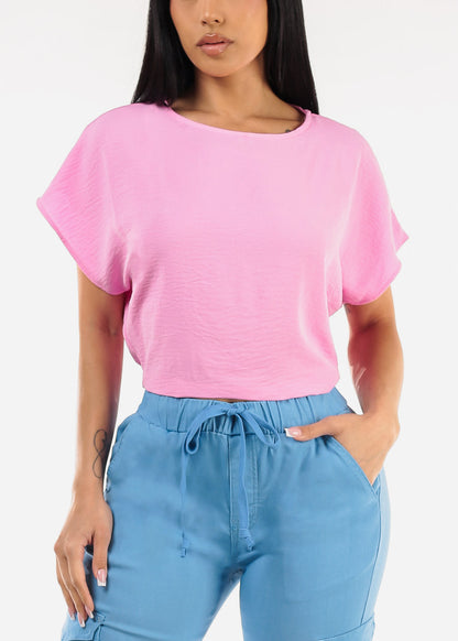 Short Dolman Sleeve Round Neckline Blouse Pink