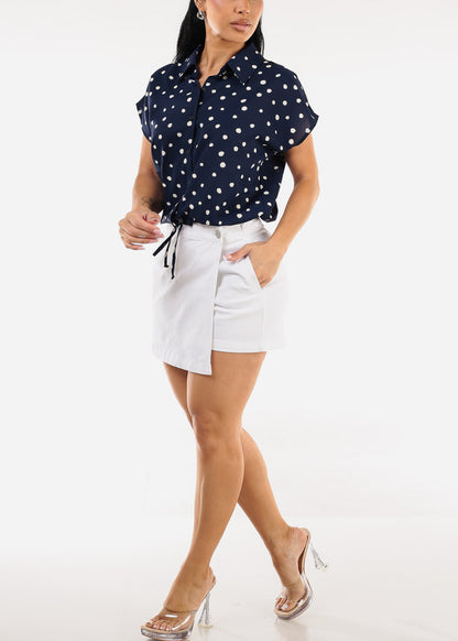 Short Sleeve Button Up Polka Dot Blouse Navy