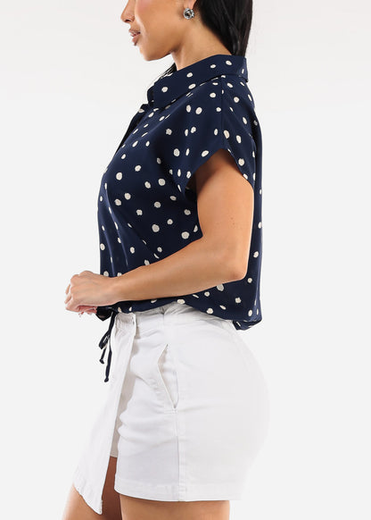 Short Sleeve Button Up Polka Dot Blouse Navy