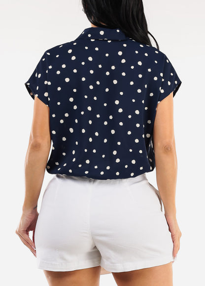 Short Sleeve Button Up Polka Dot Blouse Navy