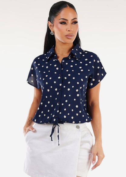 Short Sleeve Button Up Polka Dot Blouse Navy