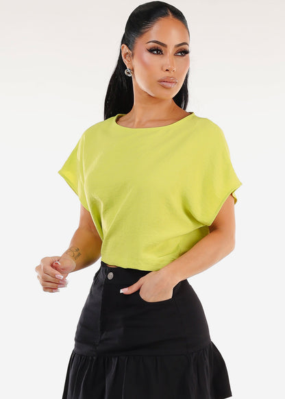 Short Dolman Sleeve Round Neckline Blouse Lime
