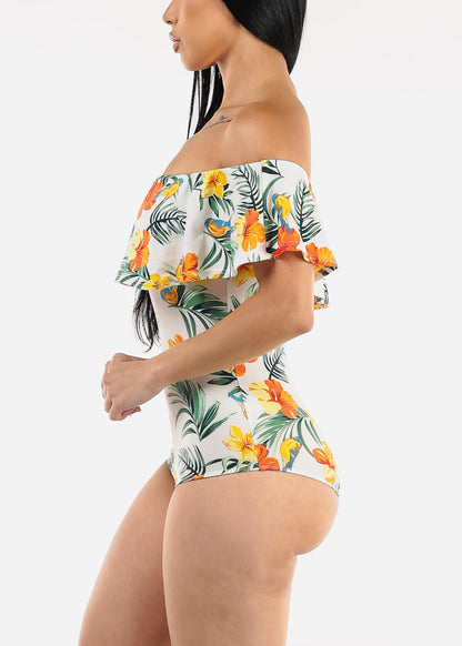 White Off Shoulder Floral Bodysuit