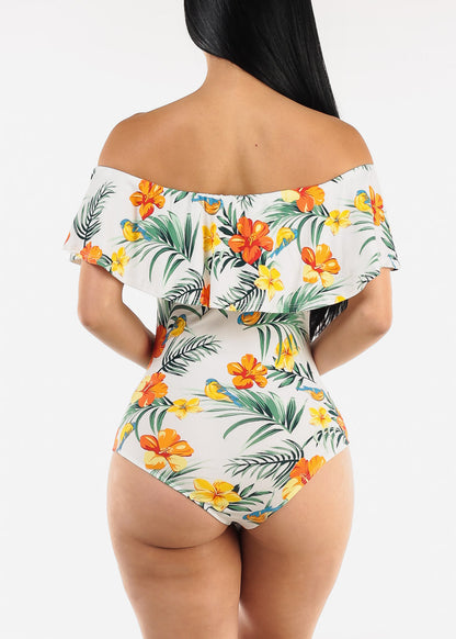 White Off Shoulder Floral Bodysuit
