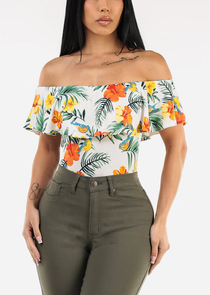 White Off Shoulder Floral Bodysuit