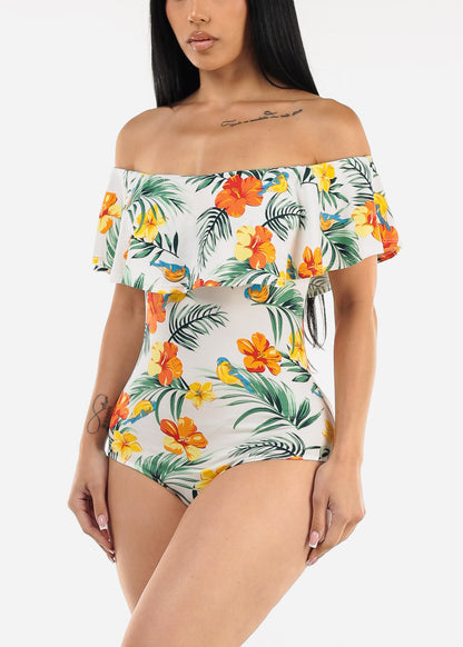 White Off Shoulder Floral Bodysuit