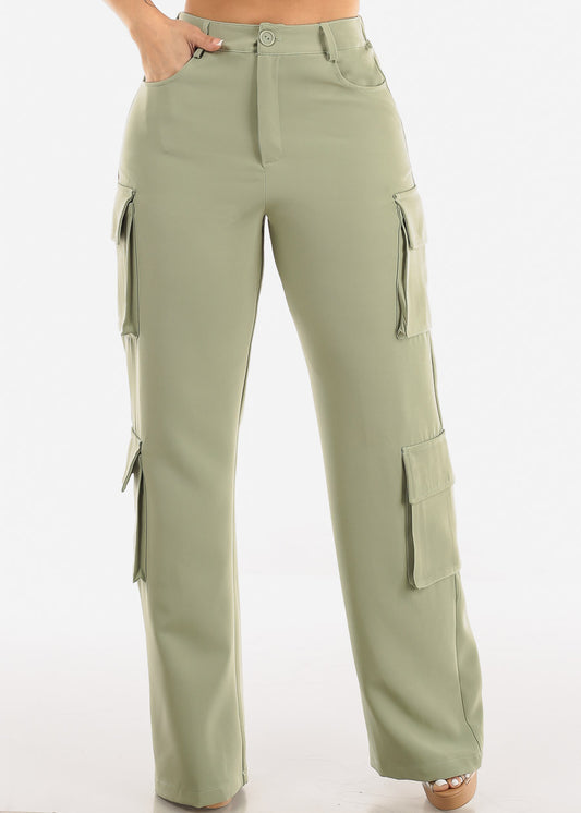 High Waist Straight Wide Leg Cargo Pants Sage