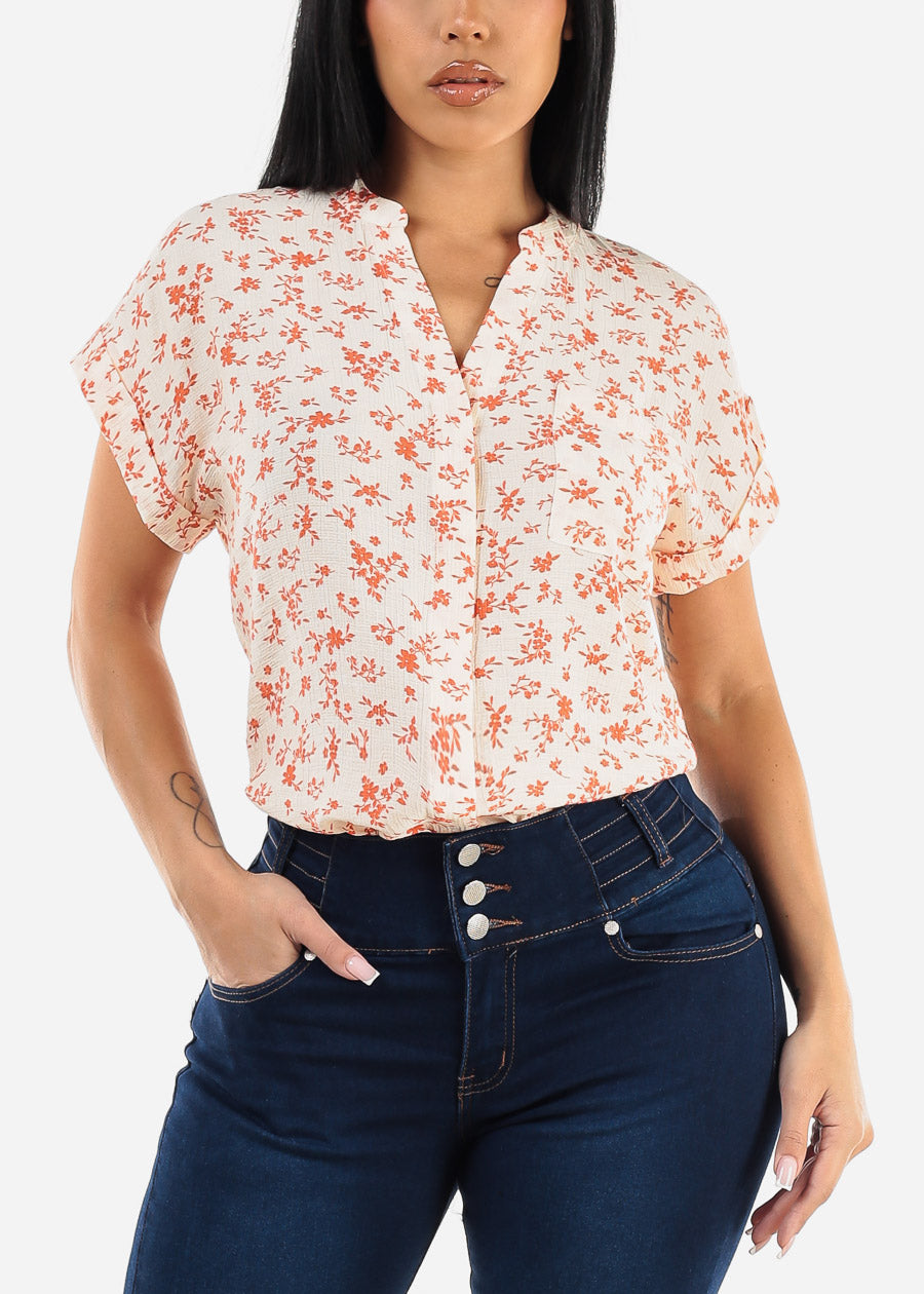 Floral Short Sleeve Button Up Woven Top Ivory