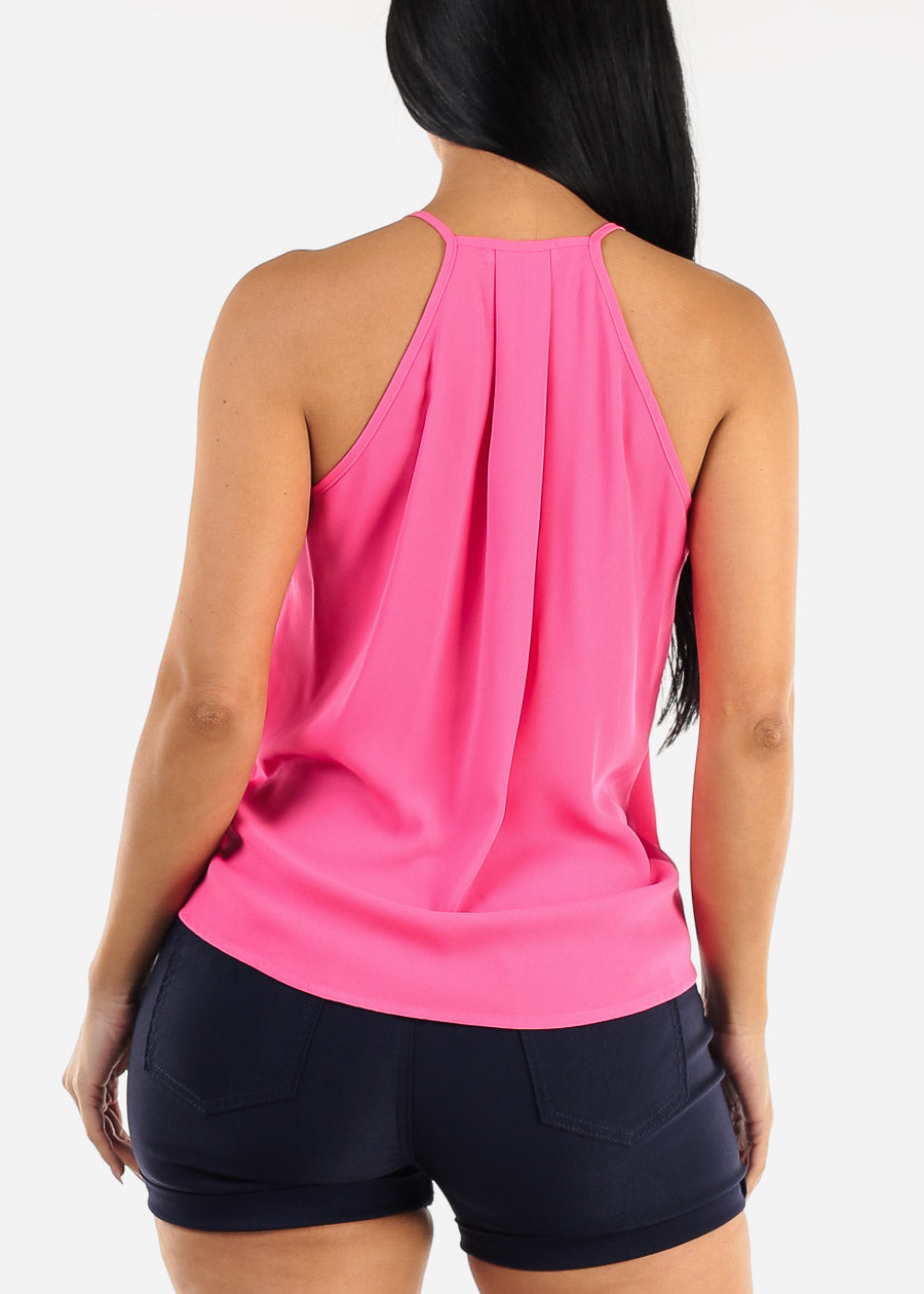 Sleeveless Surplice Chiffon Cami Top Dark Neon Pink