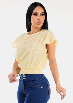 Short Sleeve Lace Trim Smocked Waist Top Yellow