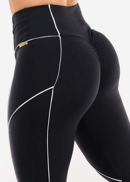 MADE IN BRAZIL Butt Lift Black Scrunch Leggings w White Trim