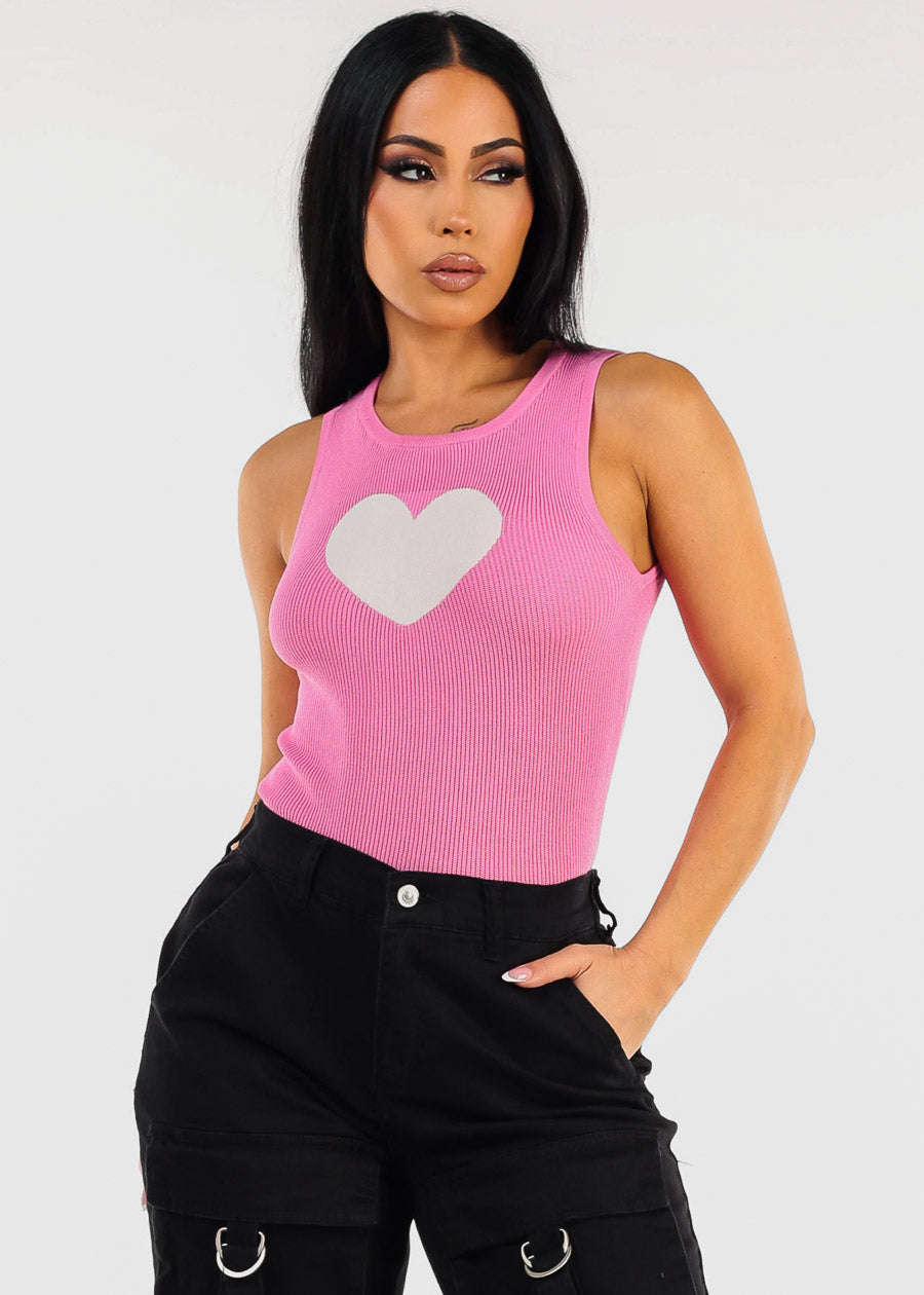 Sleeveless Round Neck Knit Tank Top Pink "Heart"