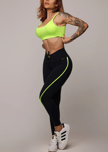 MADE IN BRAZIL Butt Lift Black Scrunch Leggings w Neon Green Trim