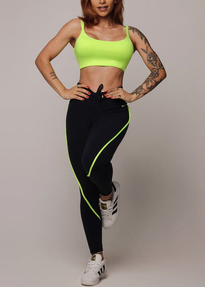 MADE IN BRAZIL Butt Lift Black Scrunch Leggings w Neon Green Trim