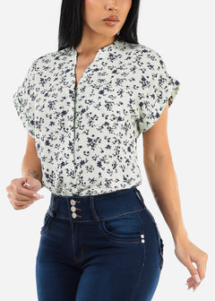 Floral Short Sleeve Button Up Woven Top Mint