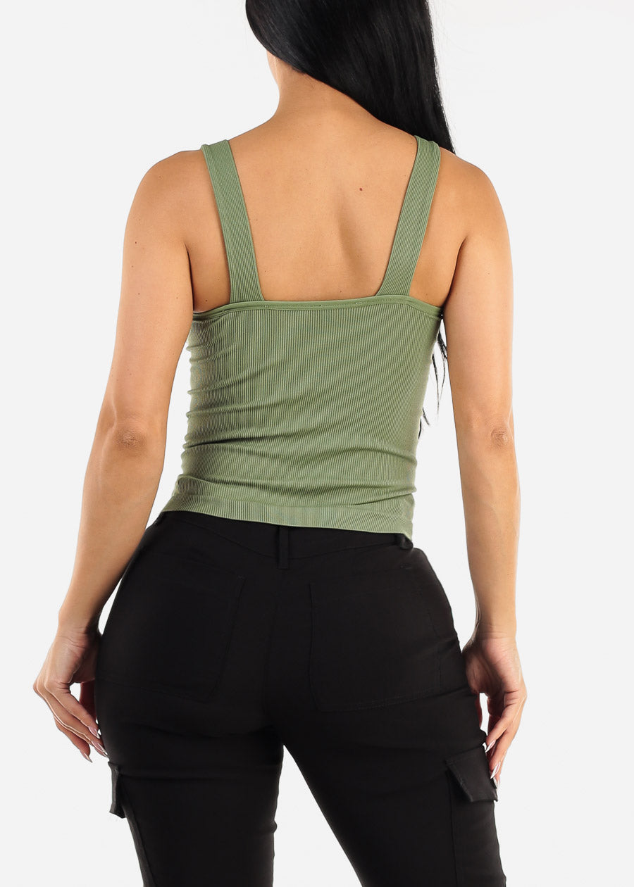 Seamless Ribbed Cami Top w Buckle Straps Sage Green