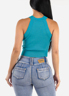 Halter Neck Ribbed Top Turquoise w Gold Buttons
