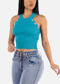 Halter Neck Ribbed Top Turquoise w Gold Buttons