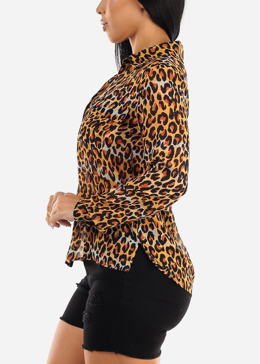 Chiffon Long Sleeve Animal Print Collared Blouse