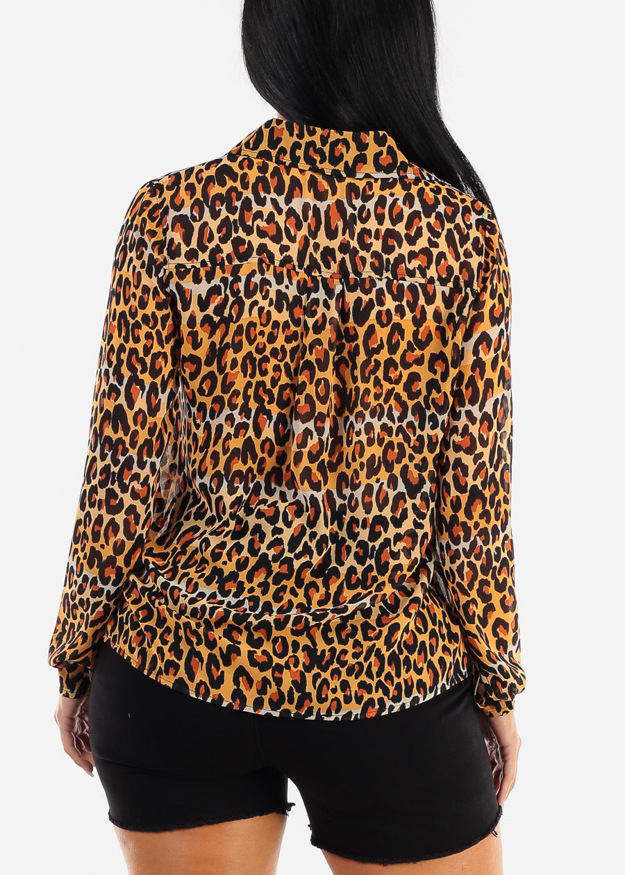 Chiffon Long Sleeve Animal Print Collared Blouse