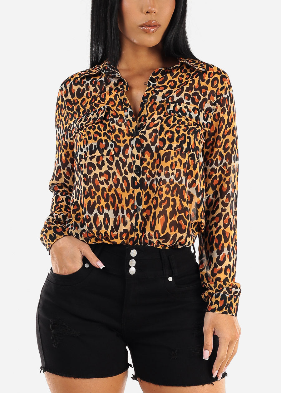 Chiffon Long Sleeve Animal Print Collared Blouse