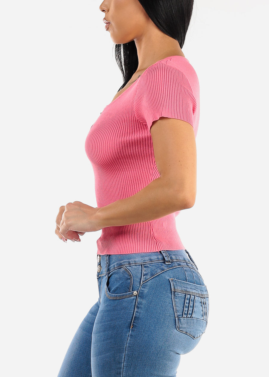 Short Sleeve Ribbed Henley Top Pink