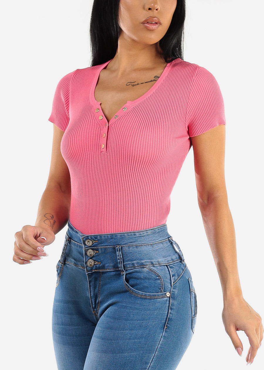 Short Sleeve Ribbed Henley Top Pink