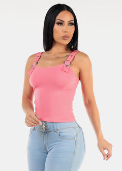 Seamless Ribbed Cami Top w Buckle Straps Pink