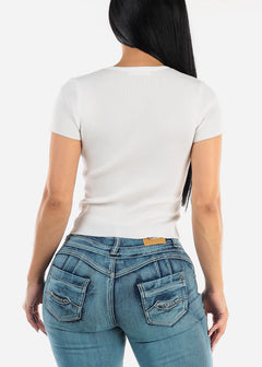 Short Sleeve Ribbed Henley Top White