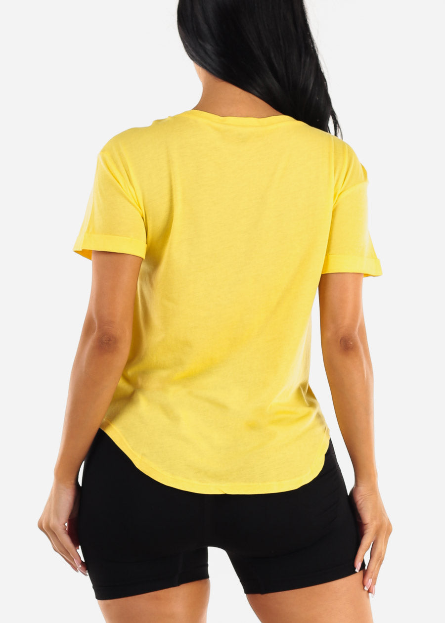 Cuffed Short Sleeve Round Hem Oversized Top Yellow