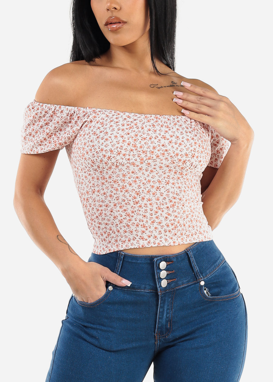 Off Shoulder Floral Crop Top Off White