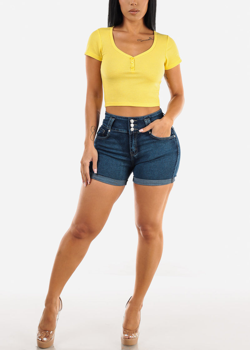 Thermal Short Sleeve Vneck Crop Top Yellow