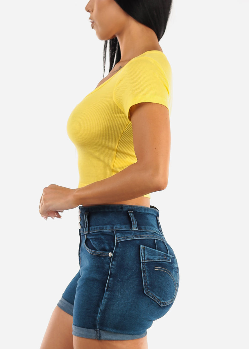 Thermal Short Sleeve Vneck Crop Top Yellow