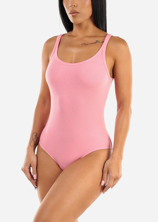 Sleeveless Scoop Neck Ribbed Bodysuit Pink