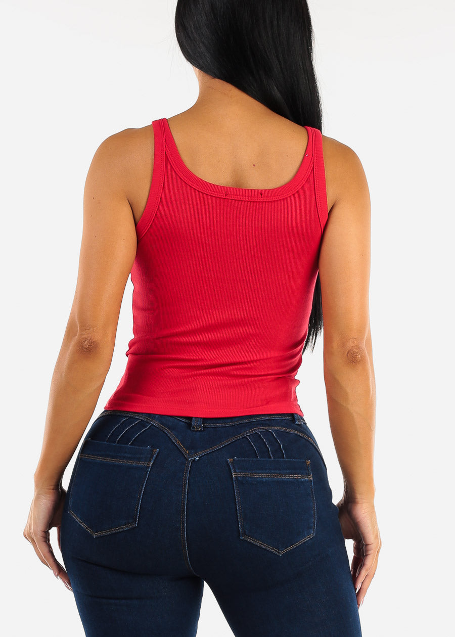 Sleeveless Scoop Neck Ribbed Tank Top RED