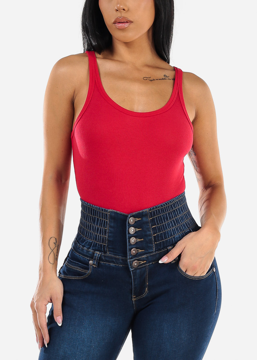 Sleeveless Scoop Neck Ribbed Bodysuit Red