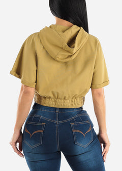 MONO B Cotton Short Sleeve Relaxed Cropped Hoodie Light Olive