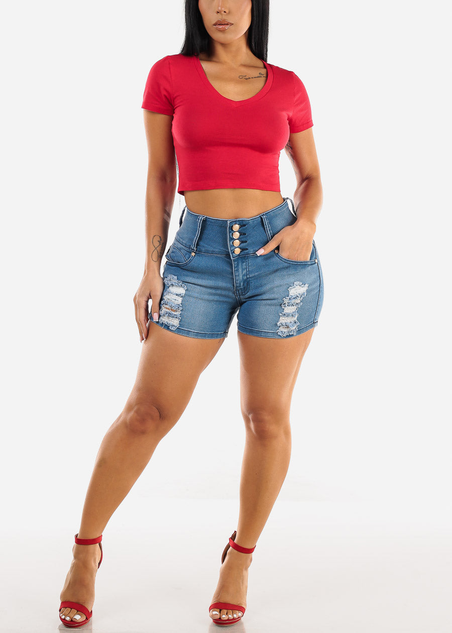 Short Sleeve Vneck Crop Top Red