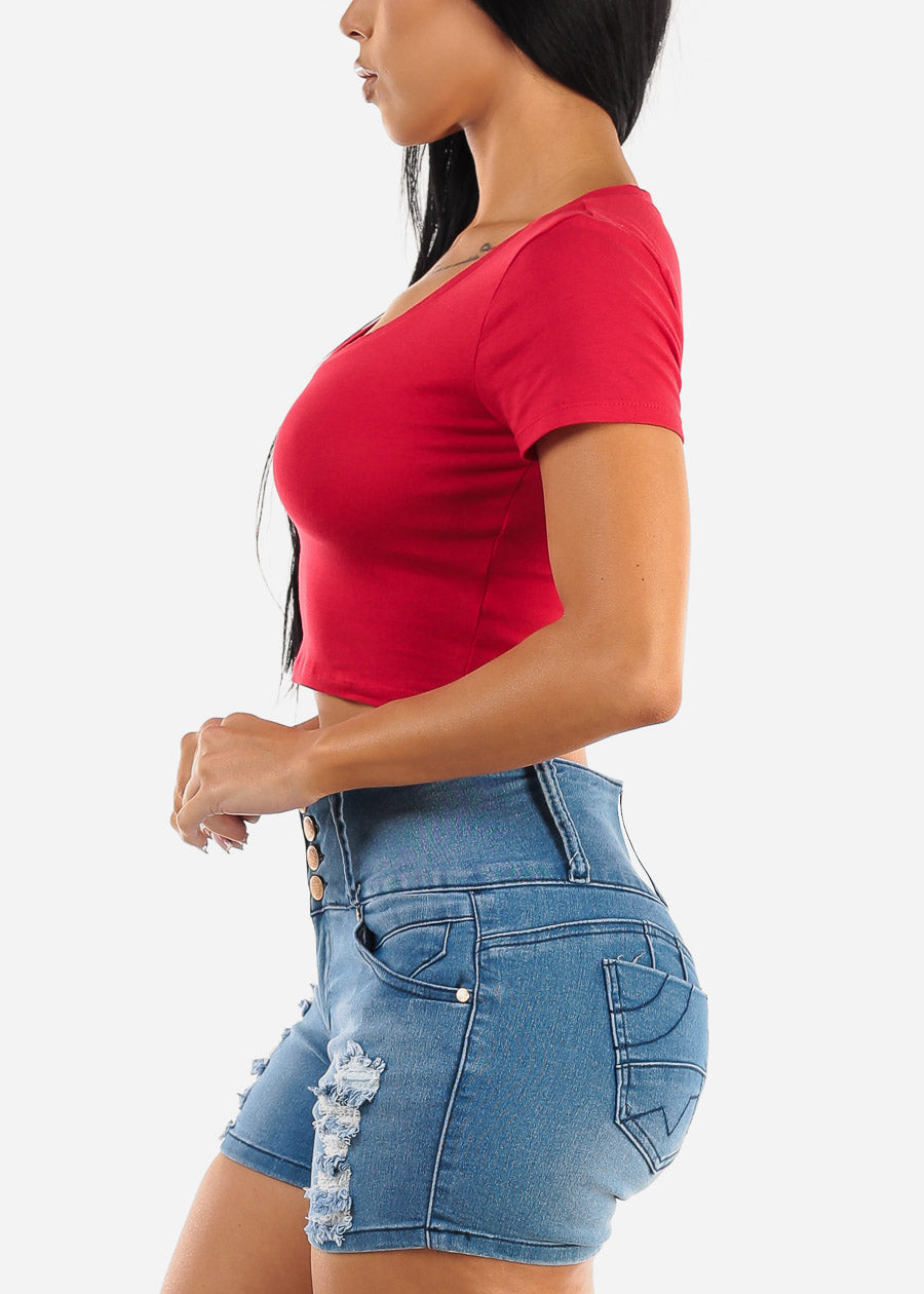 Short Sleeve Vneck Crop Top Red