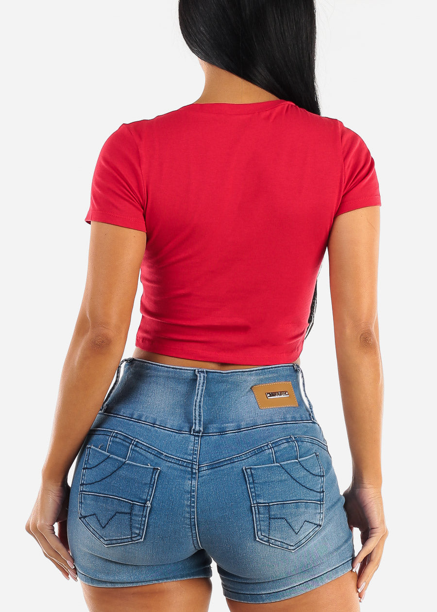 Short Sleeve Vneck Crop Top RED